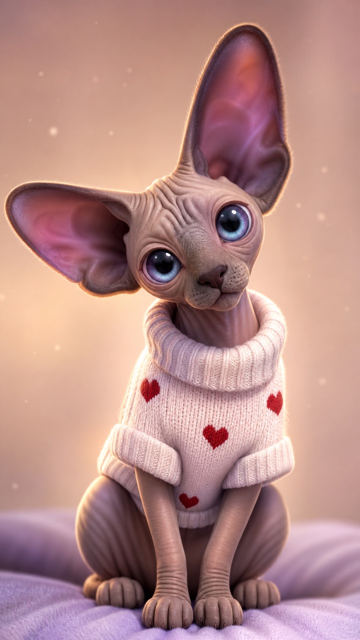 Luna, a sphynx cat, sitting in a cream knitted jumper with red hearts