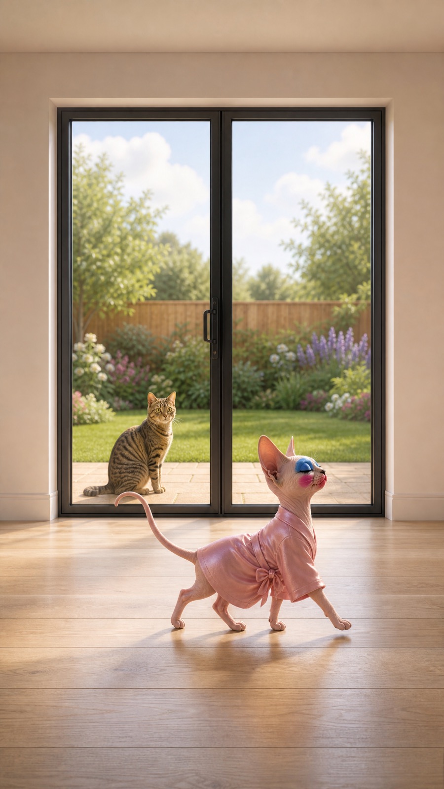 Luna strutting across a wooden floor in a pink satin robe